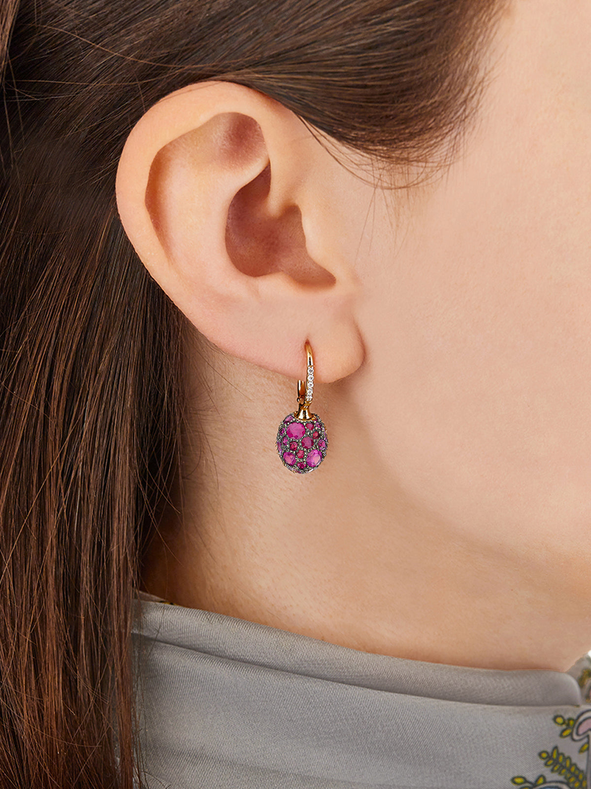 "Reverse" Ciliegina Gold, Pink Sapphires, Rubies, White Australian Opal and Diamonds Double-face Ball Drop Single Earring (SMALL)
