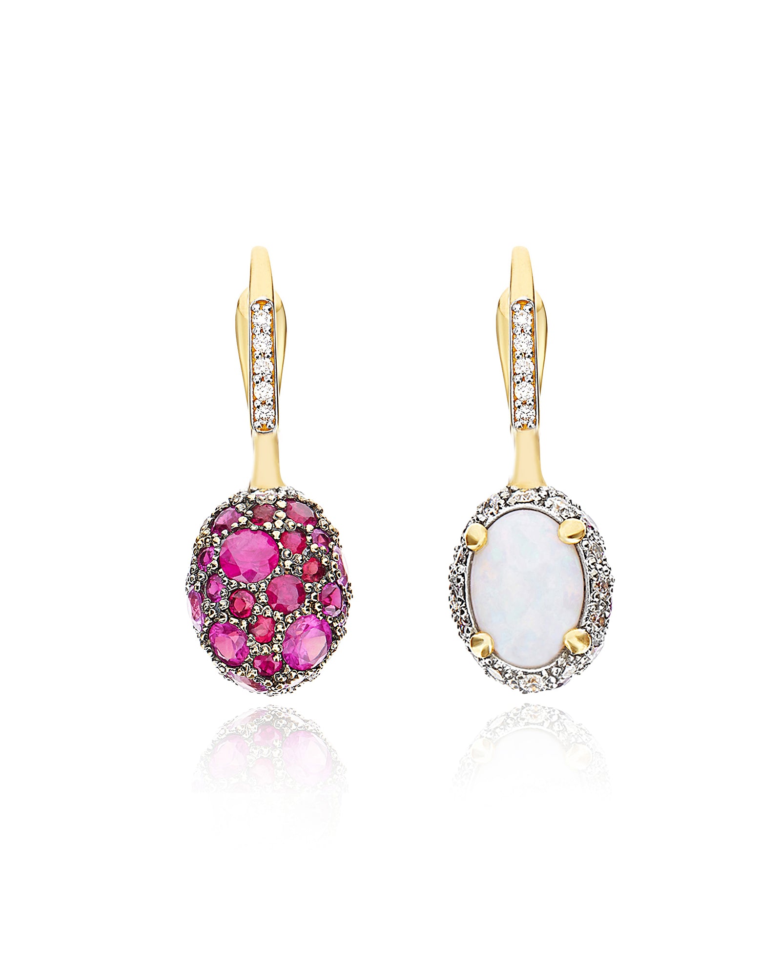 "Reverse" Ciliegine Gold, Pink Sapphires, Rubies, White Australian Opal and Diamonds Double-face Ball Drop Earrings (SMALL)