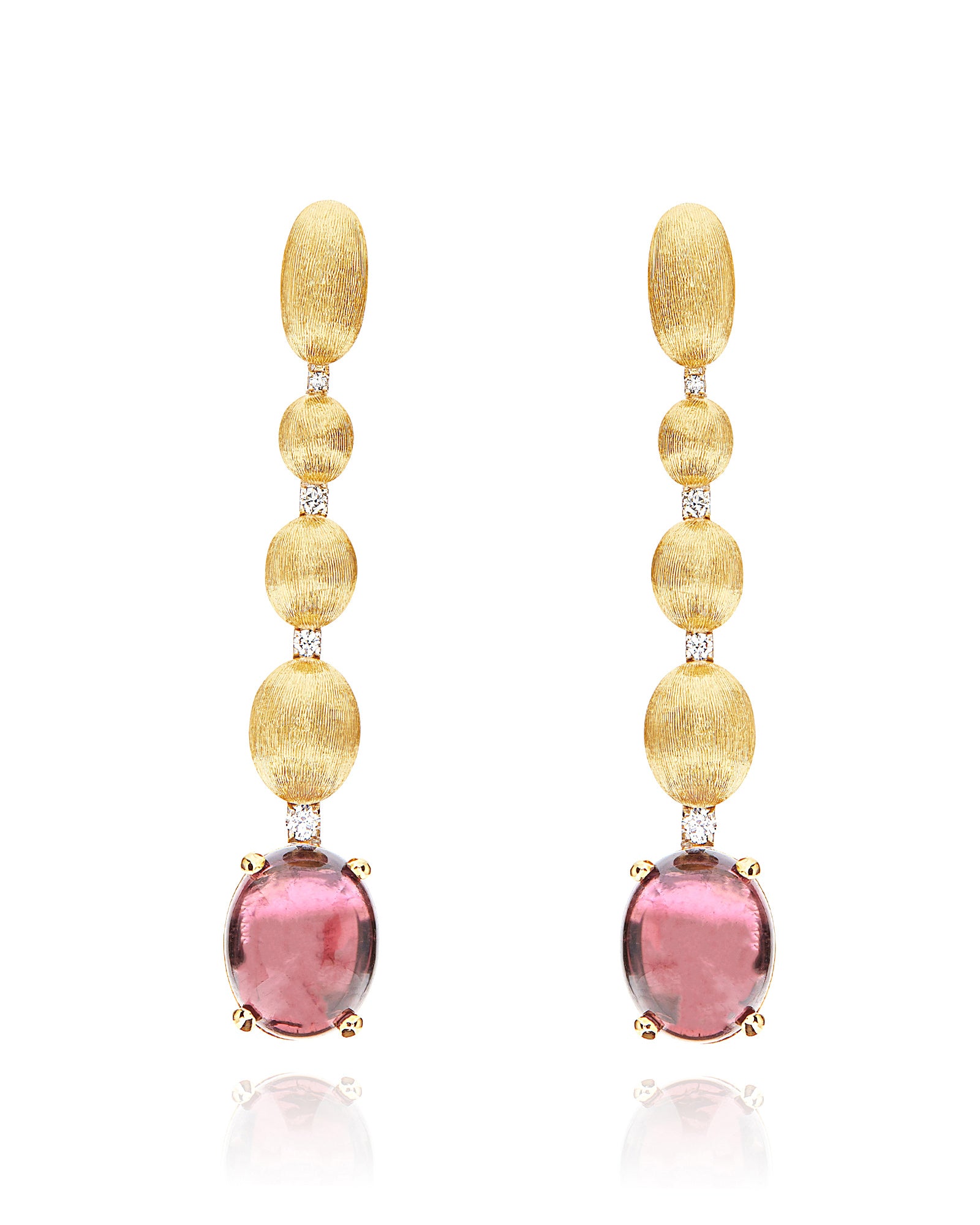 "Tourmalines" Gold, diamonds and pink tourmaline ball drop earrings (long)