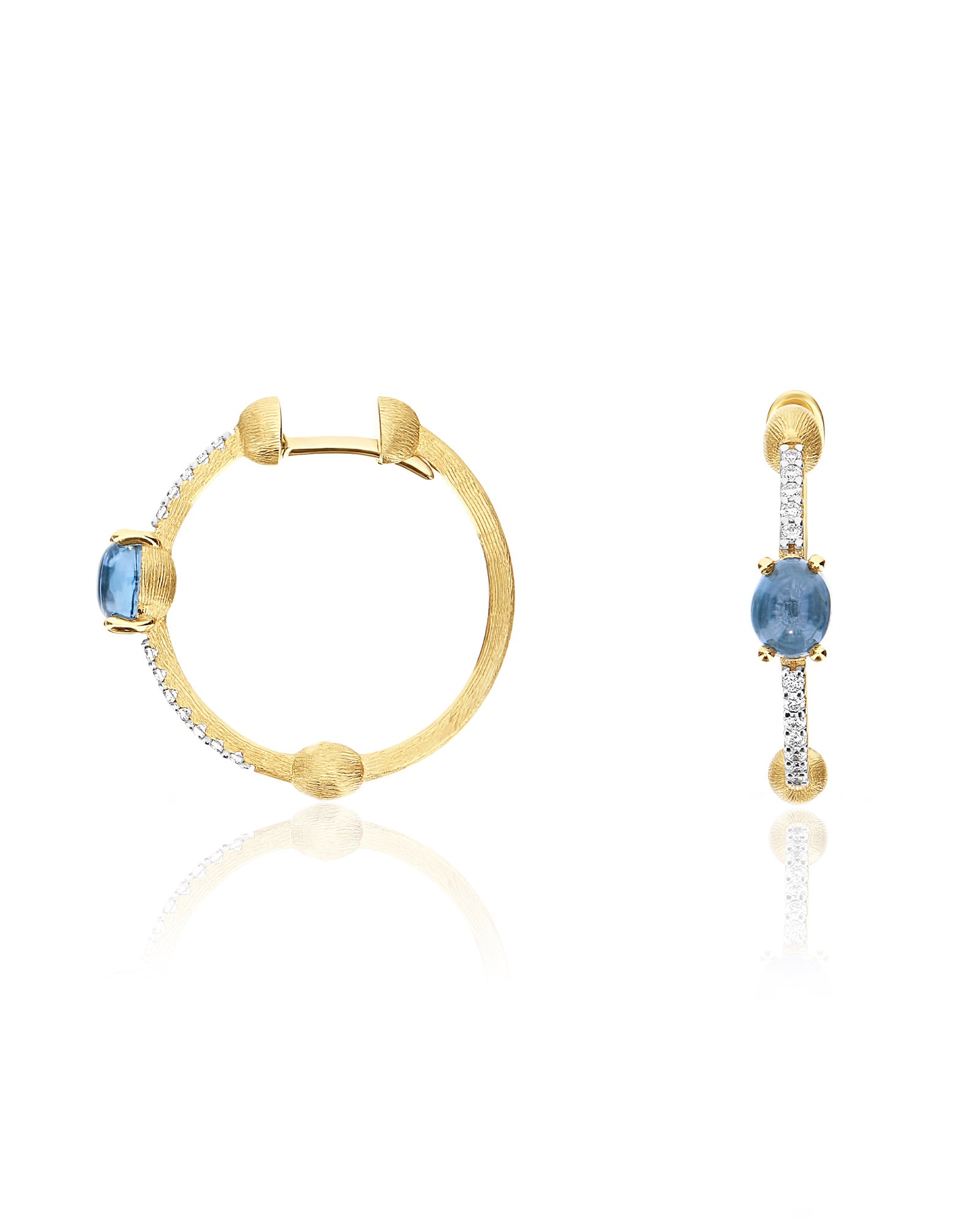 "Azure" Gold, London Blue Topaz and diamonds hoop earrings
