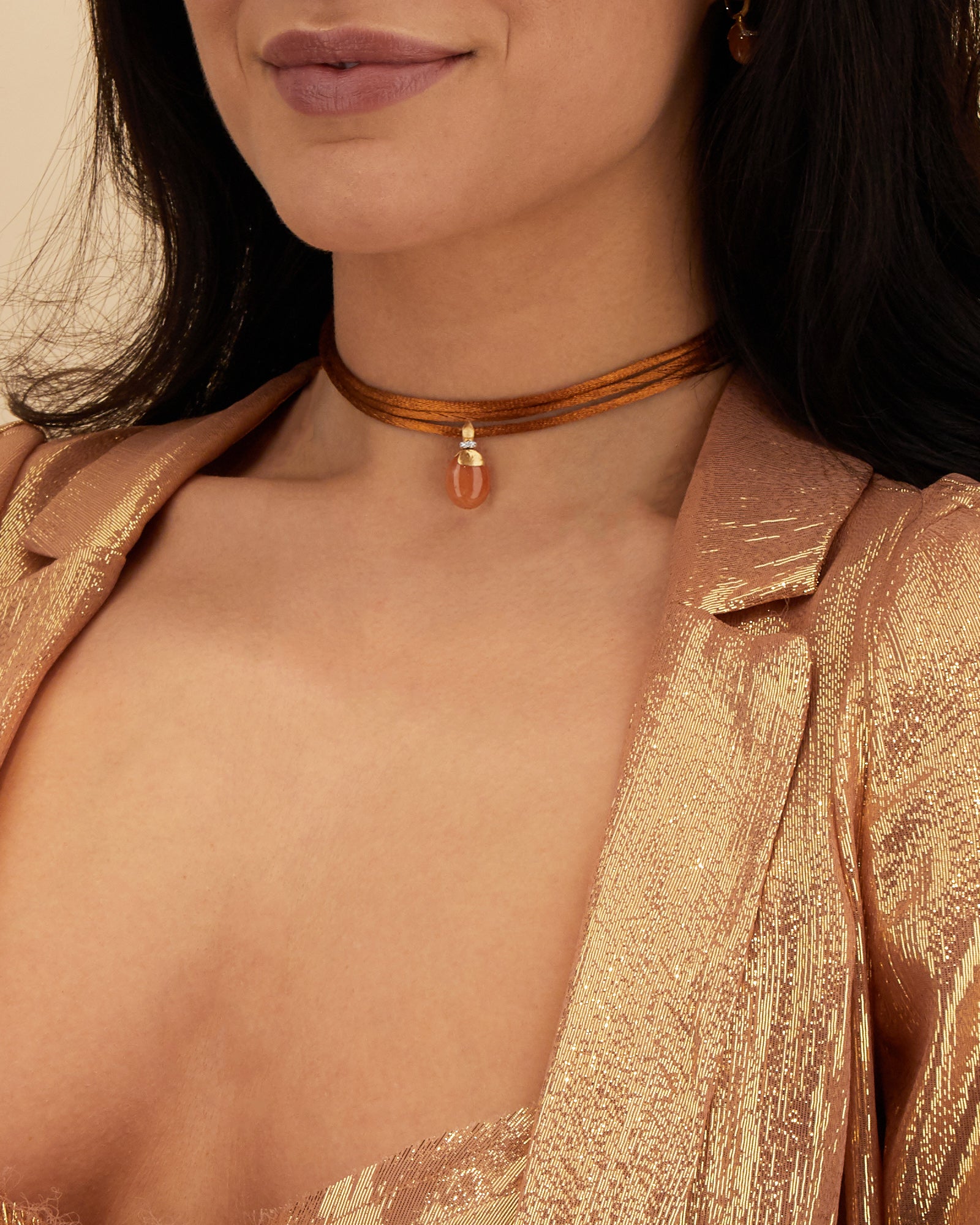 "Petra" Gold, Diamonds and Orange Aventurine Pendant (MEDIUM)